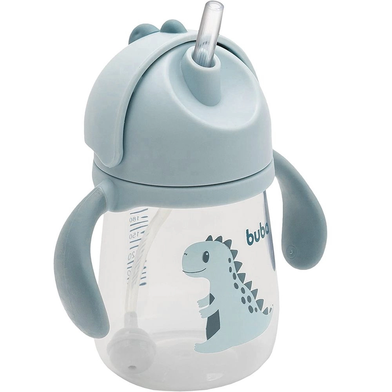Copo Infantil Buba Dino com Canudo Azul Lateral