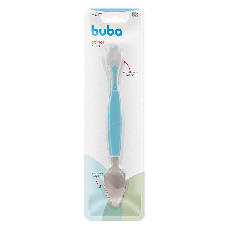 colher infantil buba 2 em 1 silicone e inox 6m 08