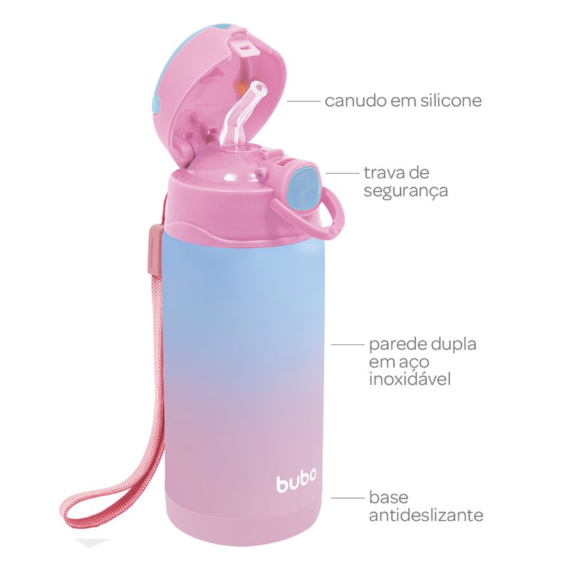 05 garrafinha inox buba com parede dupla termica 400ml 3 rosa e azul