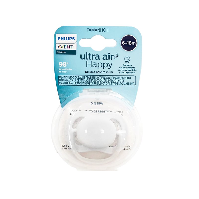 01 chupeta philips avent ultra air 6 18m embalagem unitaria happy branco