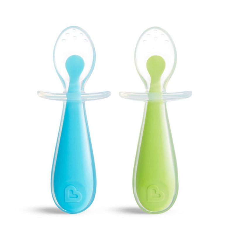 01 kit colheres de treinamento munchkin gentle scoop em silicone 6m azul e verde