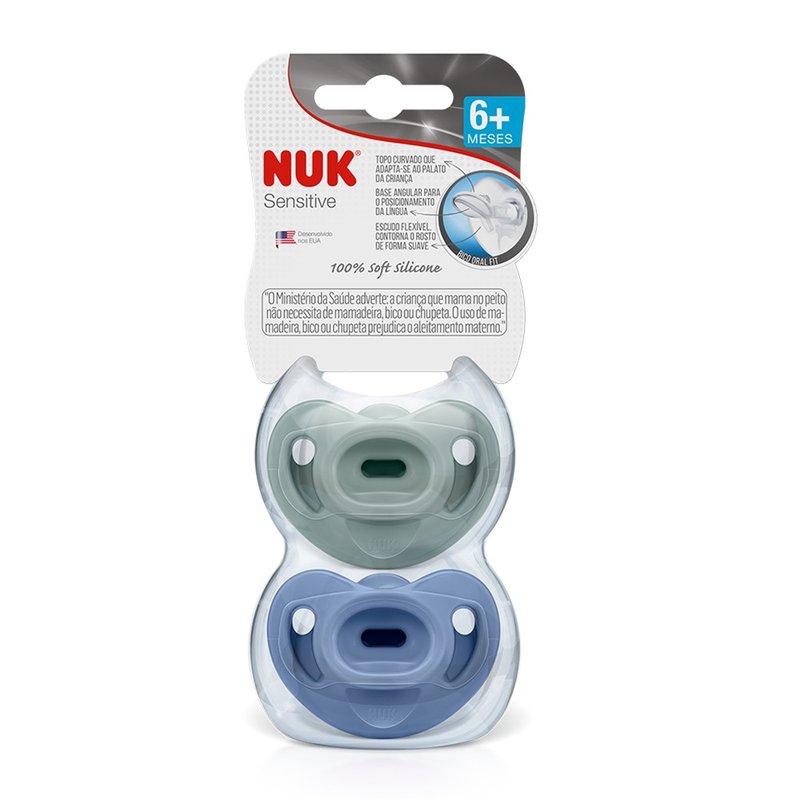 01 chupeta nuk sensitive soft 100 silicone 6m embalagem dupla azul