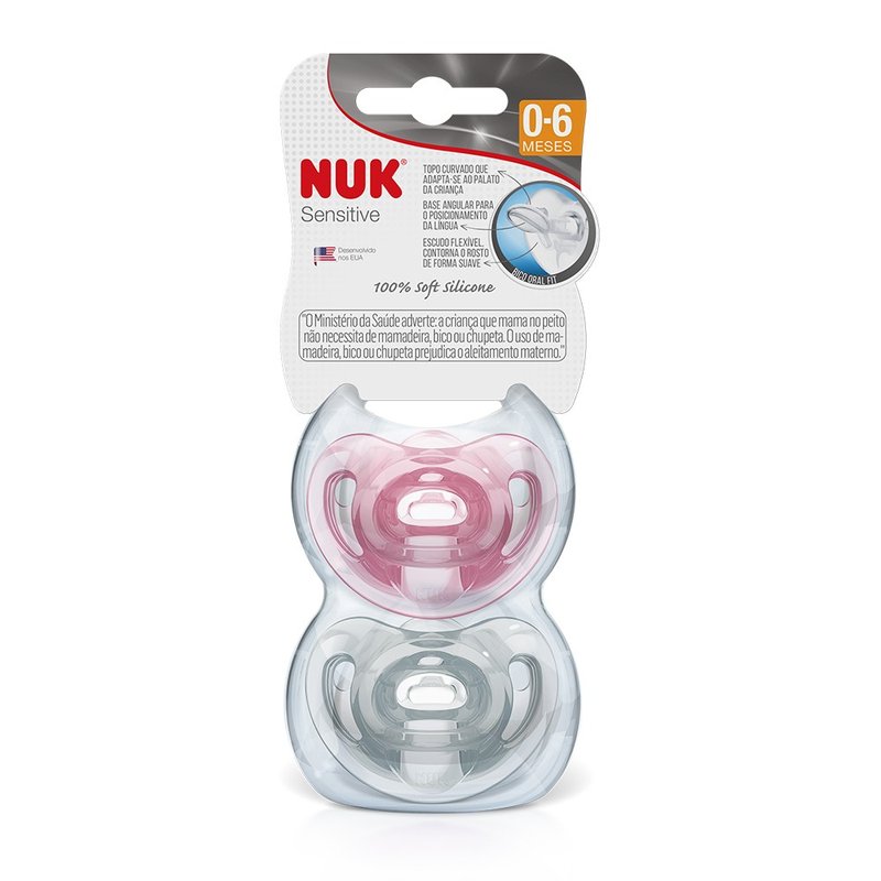 01 chupeta nuk sensitive soft 100 silicone 0 6m embalagem dupla rosa e transparente