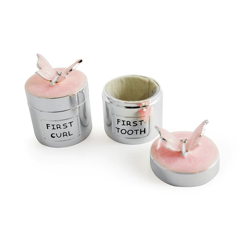 02 conjunto lembrancas modali baby meu primeiro dente e cacho borboleta prata rosa
