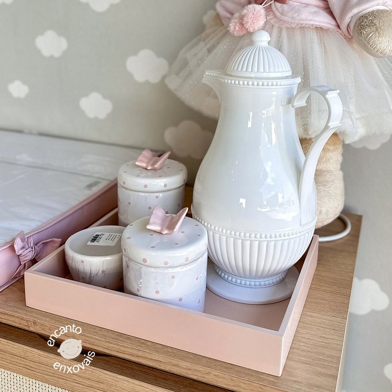 03 kit higiene para bebe detalhes ceramica com bandeja poa borboletas