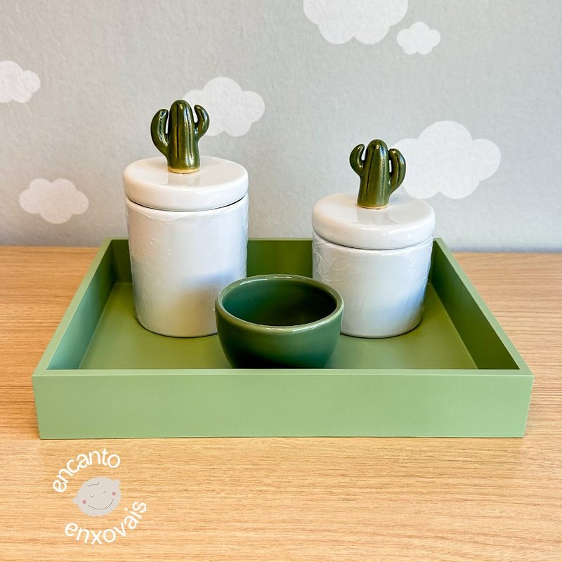 01 kit higiene para bebe detalhes ceramica com bandeja cacto com puxadores