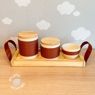 01 kit higiene para bebe detalhes ceramica com bandeja courino