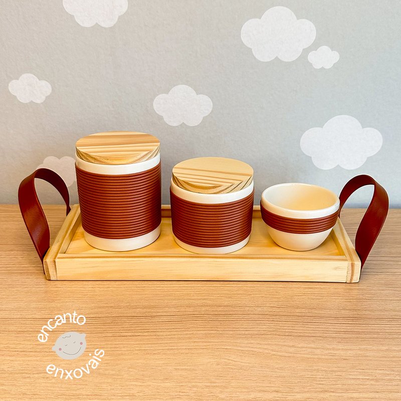 01 kit higiene para bebe detalhes ceramica com bandeja courino