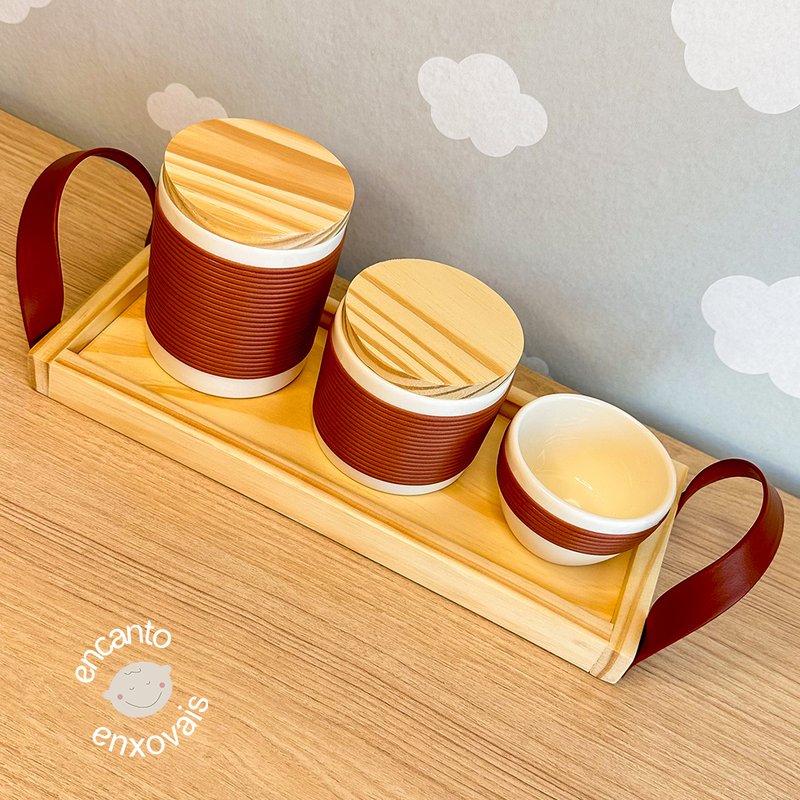 02 kit higiene para bebe detalhes ceramica com bandeja courino