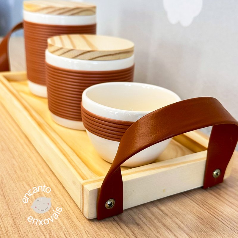 03 kit higiene para bebe detalhes ceramica com bandeja courino