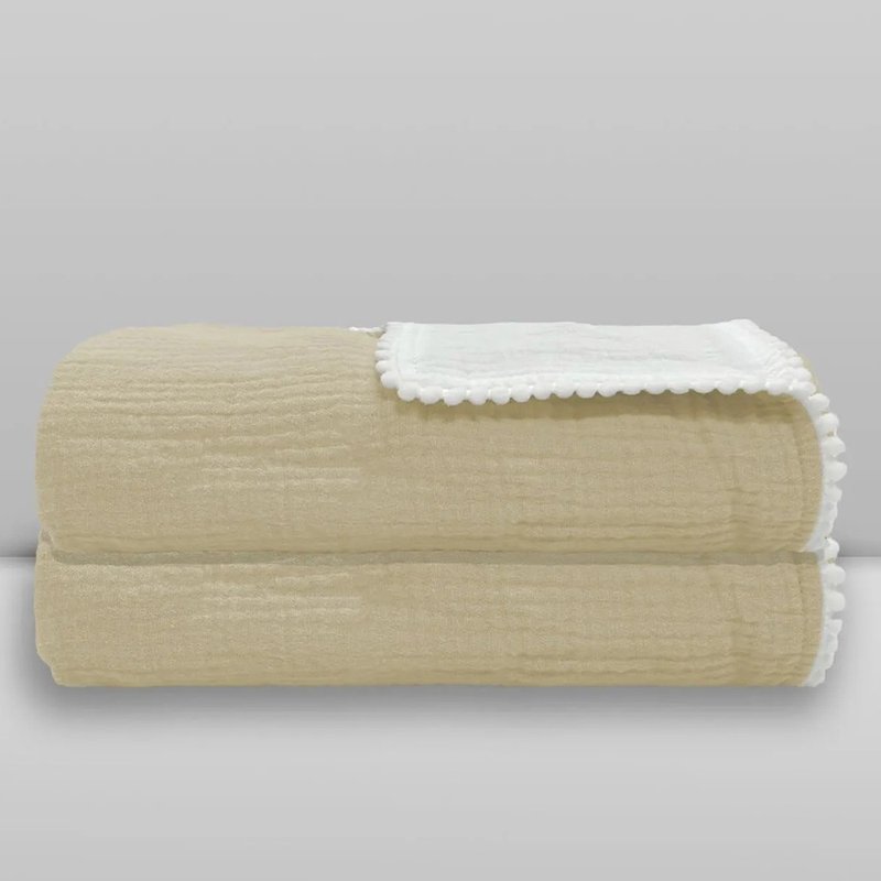 Manta Donna Laço Bebê Gaze Poms 75X100cm Bege Branco