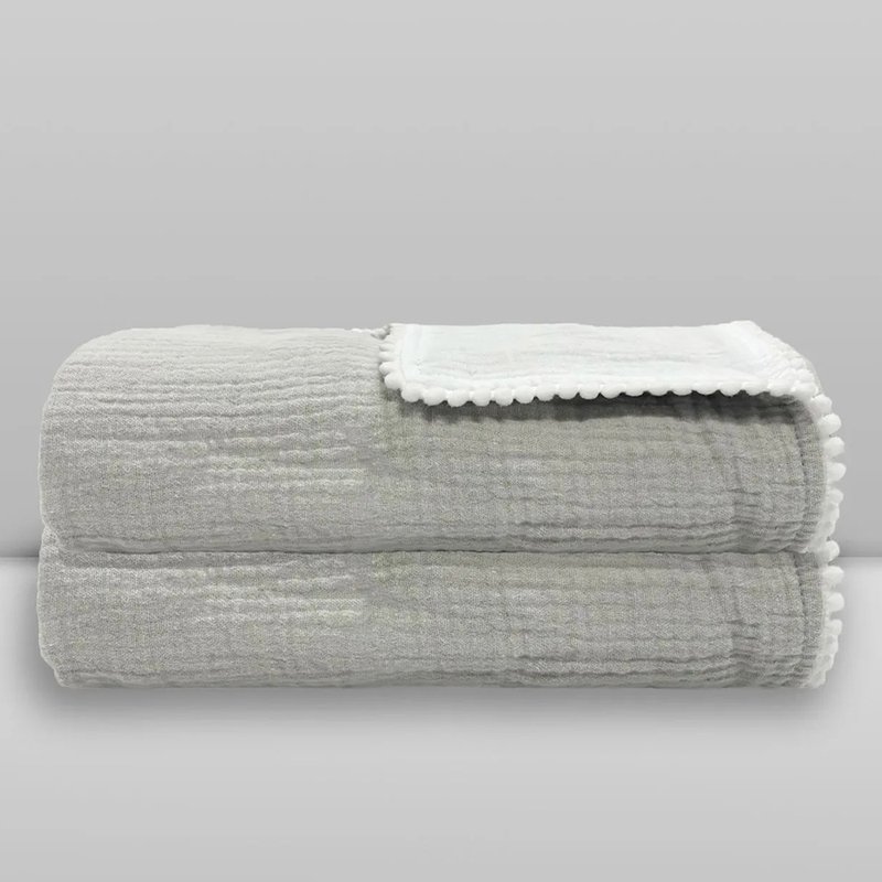 Manta Donna Laço Bebê Gaze Poms 75X100cm Cinza e Branco