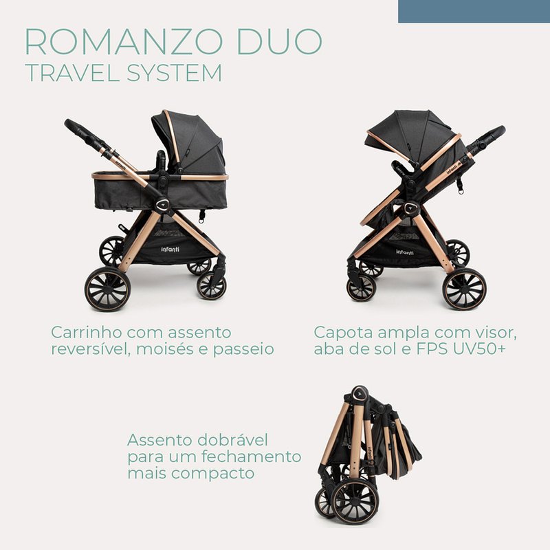 Carrinho de Bebê Infanti Romanzo Duo Travel System Preto Bronze