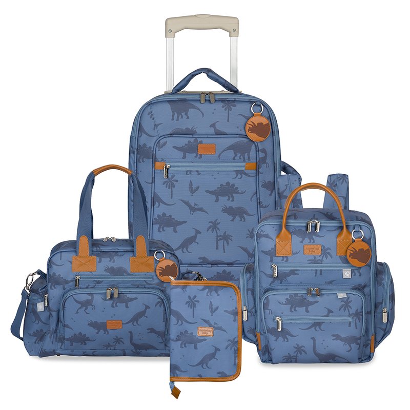 Kit Mala com rodinhas + Bolsa Everyday + Mochila Urban + Porta Carteira de Vacinação Masterbag Baby Dinossauro Azul