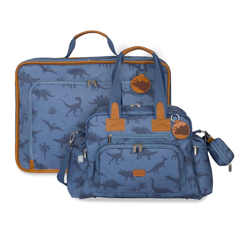 Kit Mala Maternidade Vintage + Bolsa Maternidade Everyday Masterbag Baby Dinossauro Azul