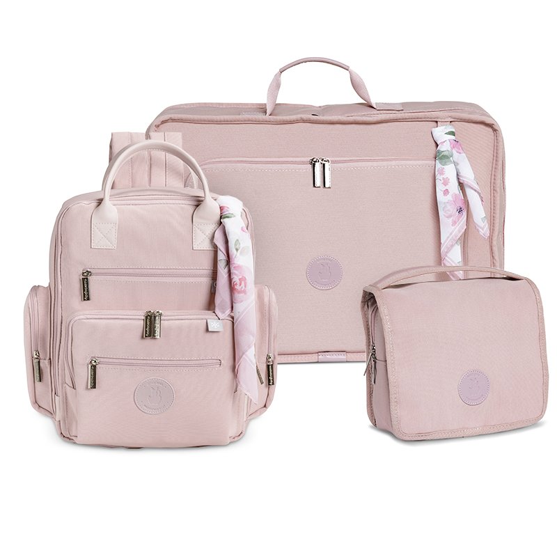 Kit Mala Maternidade Vintage + Mochila Maternidade Urban + Necessaire Viagem Masterbag Baby Flora Rosé