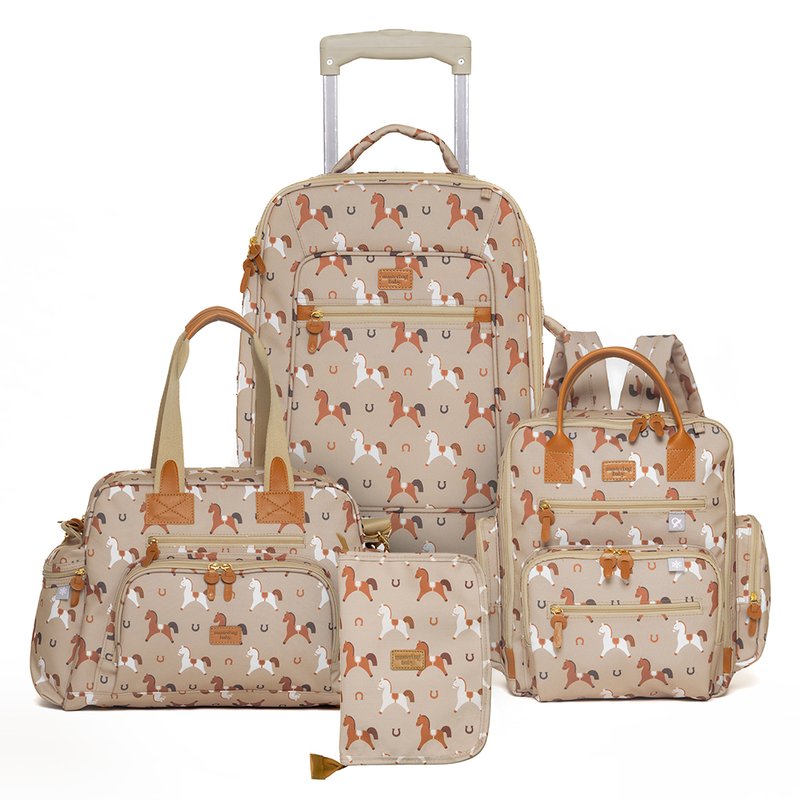 Kit Mala com rodinhas + Bolsa Everyday + Mochila Urban + Porta Carteira de Vacinação Masterbag Baby Cavalinhos Bege
