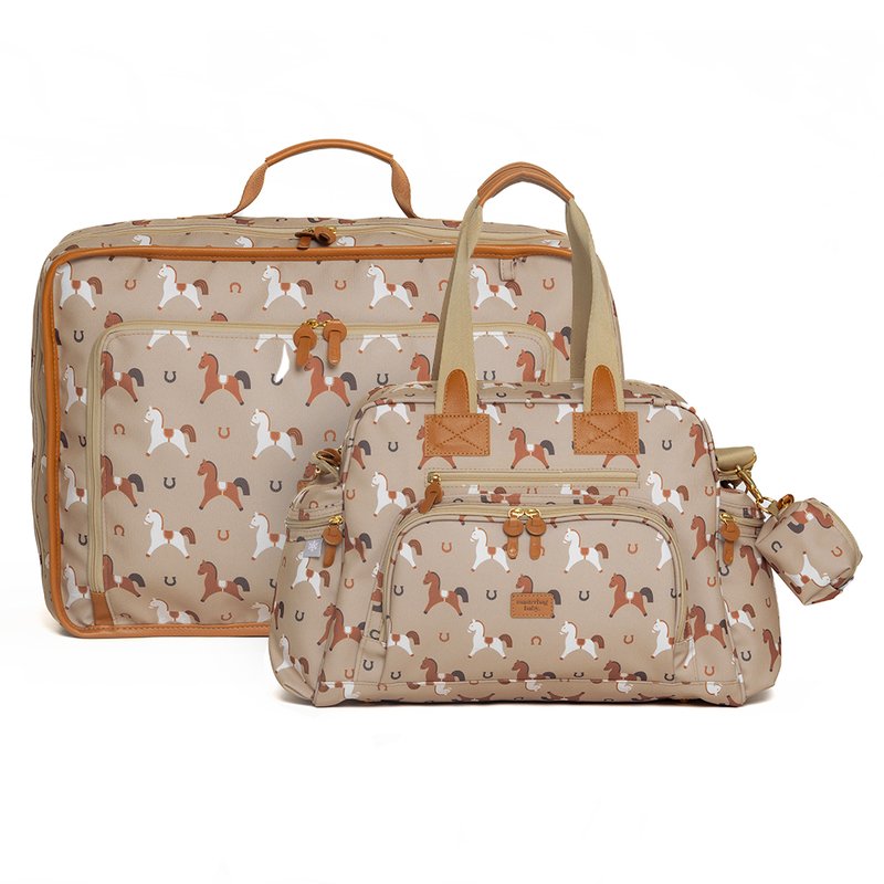 Kit Mala Maternidade Vintage + Bolsa Maternidade Everyday Masterbag Baby Cavalinhos Bege