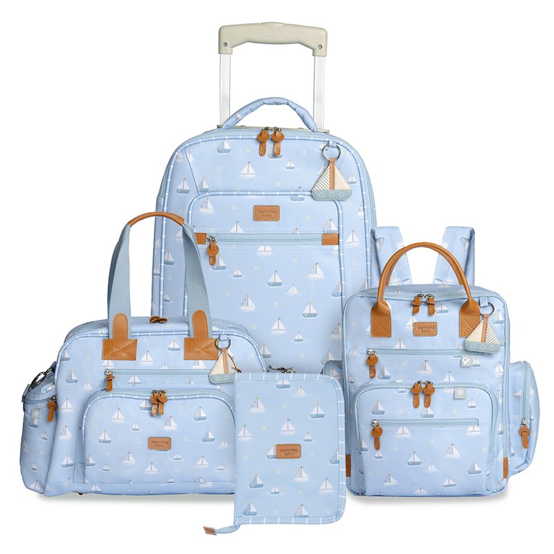 Kit Mala com Rodinhas + Bolsa Everyday + Mochila Urban + Porta Carteira de Vacinação Masterbag Baby Barquinhos Azul