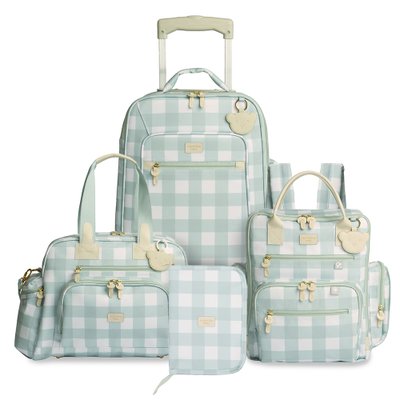 Kit Mala com Rodinhas + Bolsa Everyday + Mochila Urban + Porta Carteira de Vacinação Masterbag Baby Bear Xadrez Menta