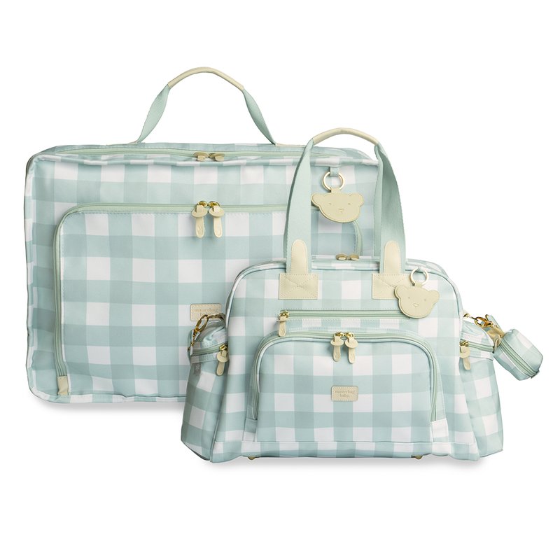 Kit Mala Maternidade Vintage + Bolsa Maternidade Everyday Masterbag Baby Bear Xadrez Menta