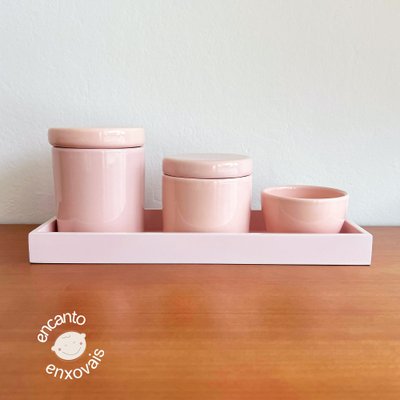 Kit Higiene para Bebê Detalhes Cerâmica com Bandeja Rosa