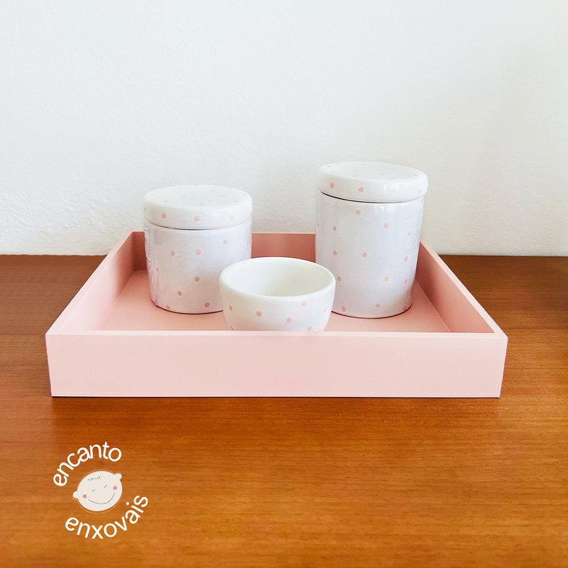 Kit Higiene para Bebê Detalhes Cerâmica com Bandeja Poá Rosa