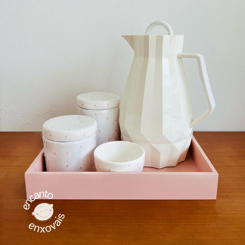 Kit Higiene Detalhes Cerâmica com Bandeja e Garrafa Térmica Poá Rosa