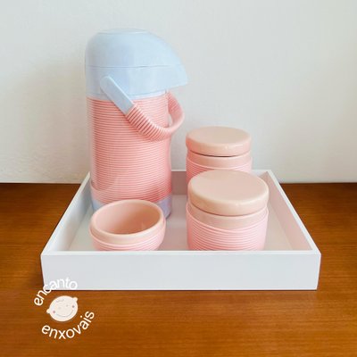 Kit Higiene Detalhes Cerâmica com Bandeja e Garrafa Térmica Rosa Alinhavado Maior