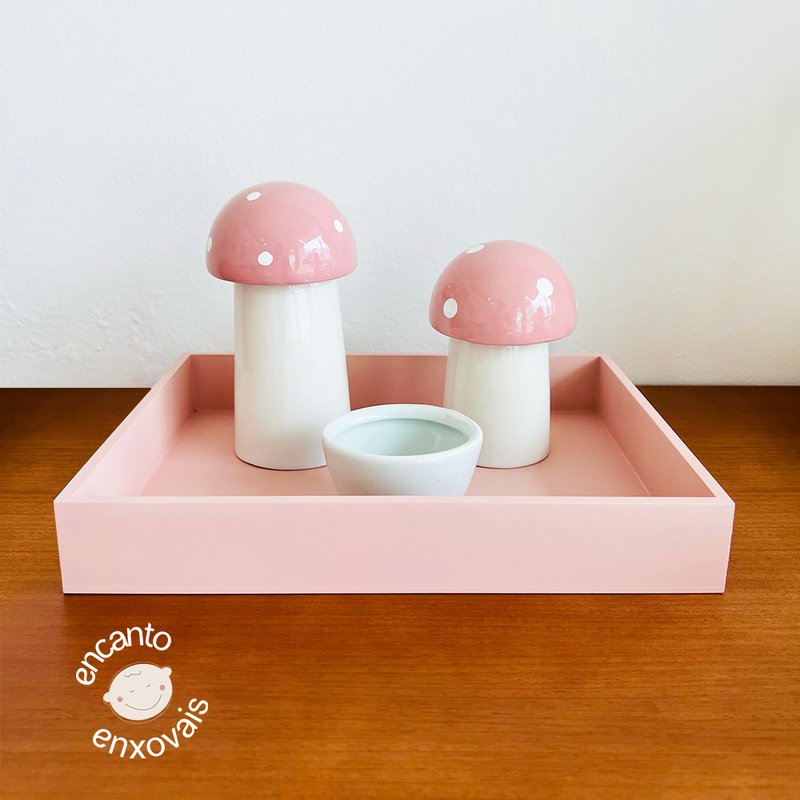 Kit Higiene Detalhes Cerâmica com Bandeja Cogumelo Rosa