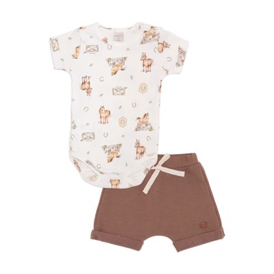 Conjunto de Body com Shorts Mini e Co em Algodão Egípcio Cavalinhos