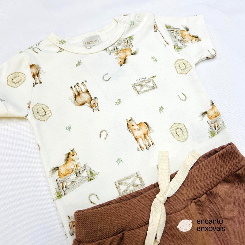 Detalhes Conjunto de Body com Shorts Mini e Co em Algodão Egípcio Cavalinhos
