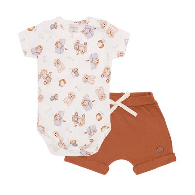 Conjunto de Body com Shorts Mini e Co em Algodão Egípcio Cachorrinhos